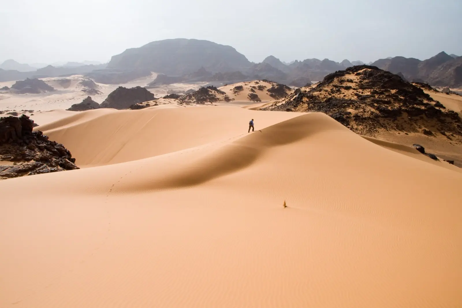 A white 4x4 driving between the dunes of the Agadir desert, leaving tracks in the sand